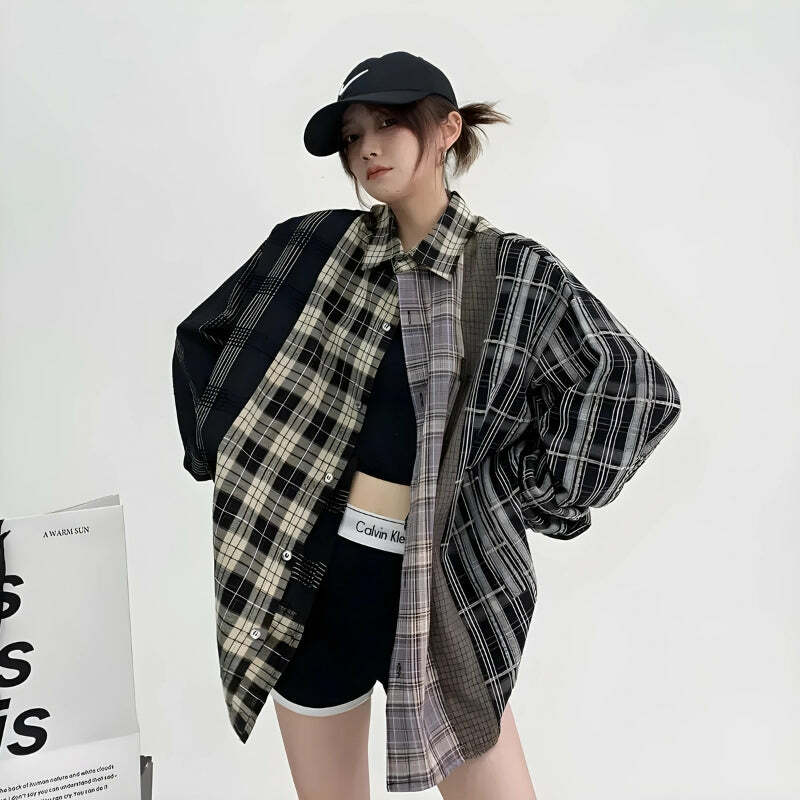 Y2K Aesthetic Coquette Multi-Pattern Plaid Shirt for Trendy Outfits