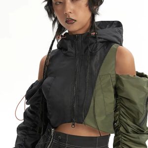 Y2K Aesthetic Coquette Puffer Jacket with Ruched Sleeves for Trendy Style