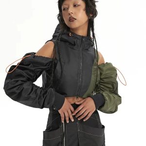 Y2K Aesthetic Coquette Puffer Jacket with Ruched Sleeves for Trendy Style