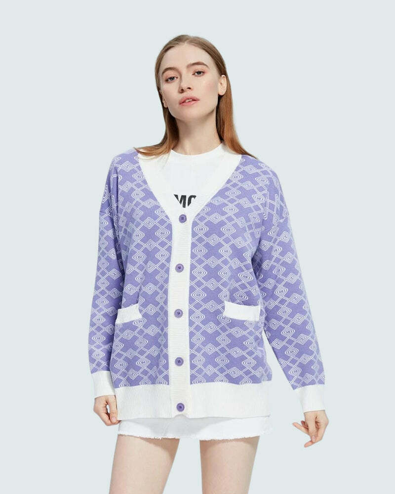 Y2K Aesthetic Coquette Purple Cardigan with Cross Pattern Buttons