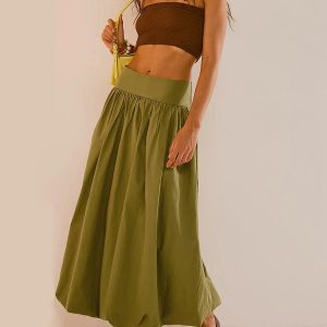 Y2K Aesthetic Coquette Ruched Bubble Hem Midi Skirt for Trendy Looks