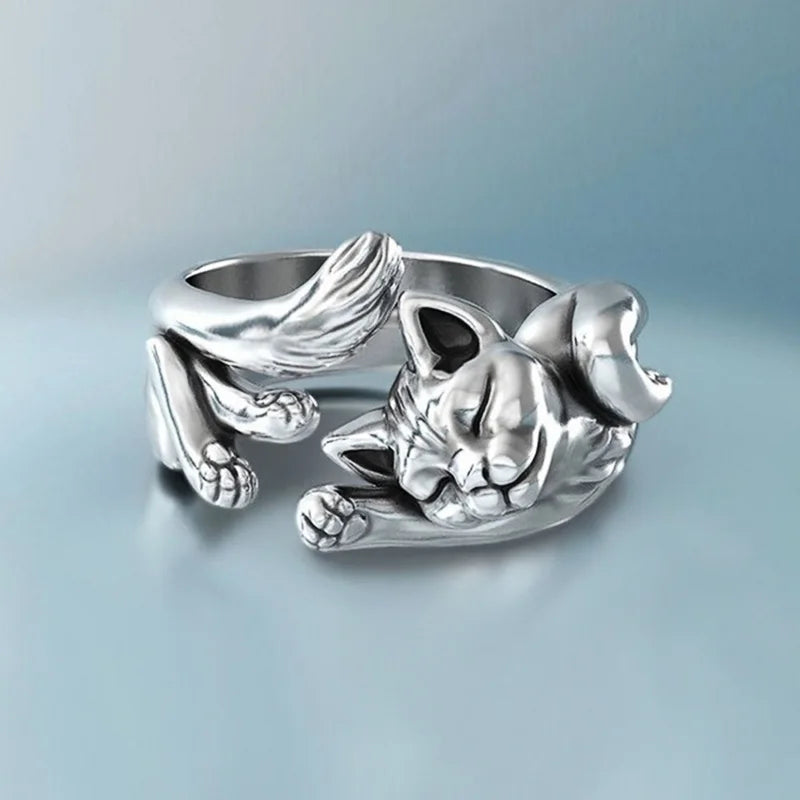 Y2K Aesthetic Coquette Sleeping Cat Ring - Cute Jewelry for Trendy Styles