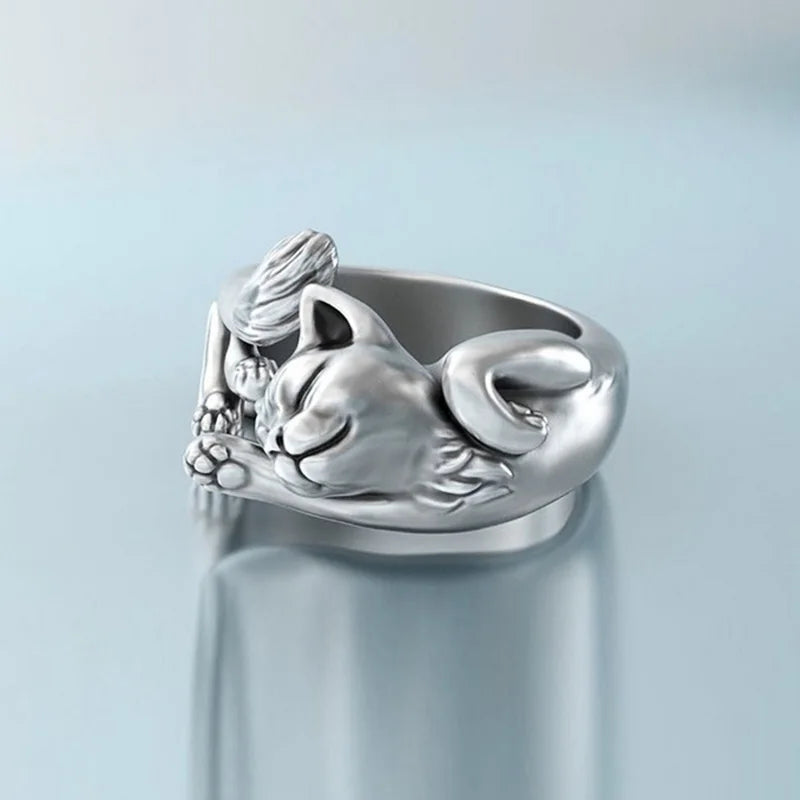 Y2K Aesthetic Coquette Sleeping Cat Ring - Cute Jewelry for Trendy Styles