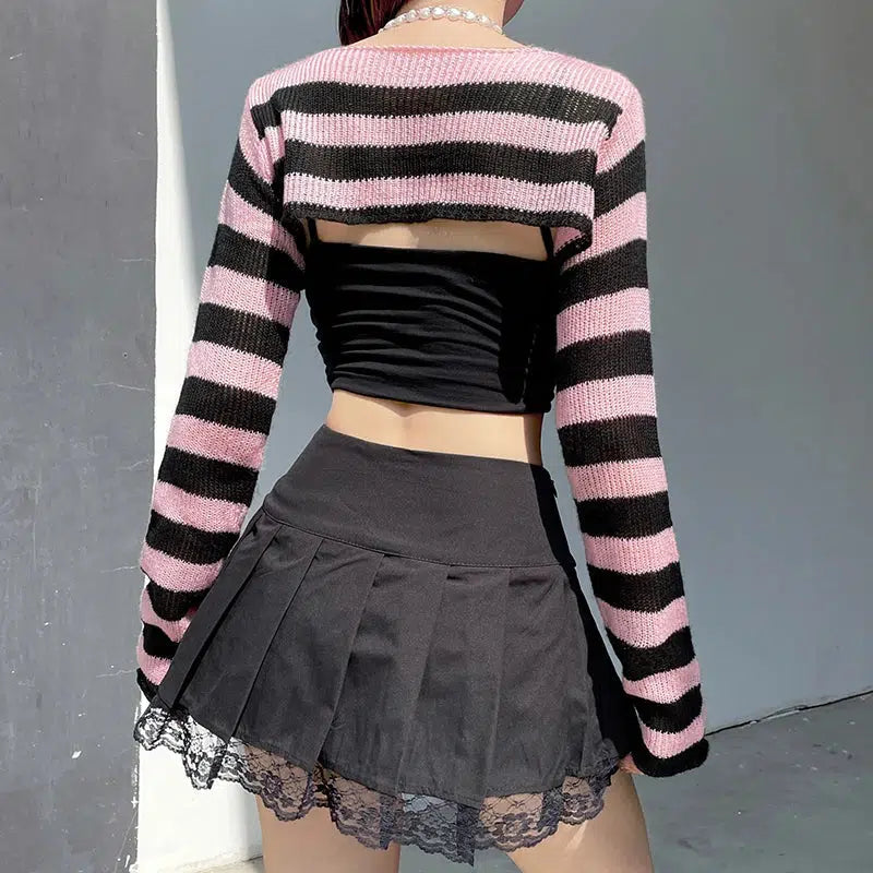 Y2K Aesthetic Coquette Striped Knitted Shrug Sweater for Trendy Looks