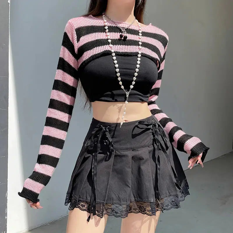 Y2K Aesthetic Coquette Striped Knitted Shrug Sweater for Trendy Looks