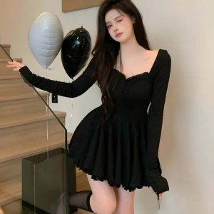 Y2K Aesthetic Coquette Sweetheart Neckline Mini Dress with Ruffle Skirt