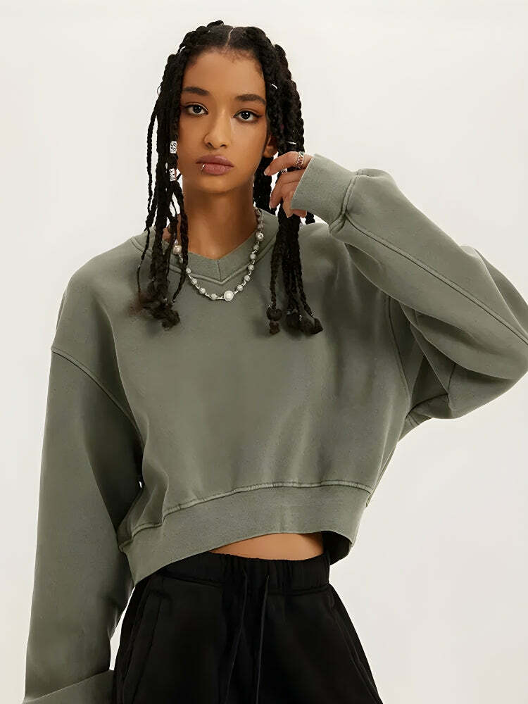 Y2K Aesthetic Coquette V-Neck Drop Shoulder Cropped Sweatshirt