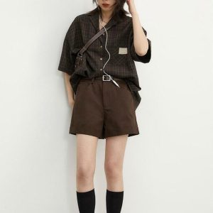 Y2K Aesthetic Coquette V-Neck Plaid Shirt for Trendy Outfits
