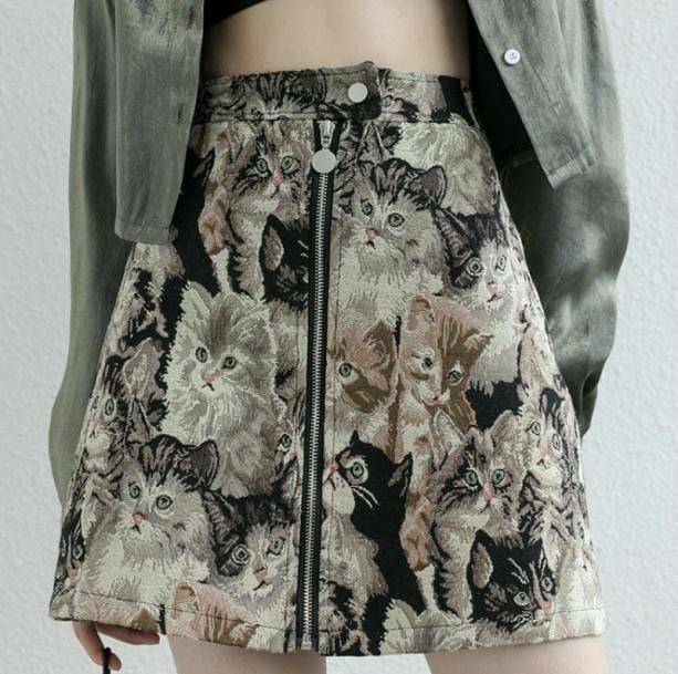 Y2K Aesthetic Coquette Vintage Cat Skirt with Ruffle Detail