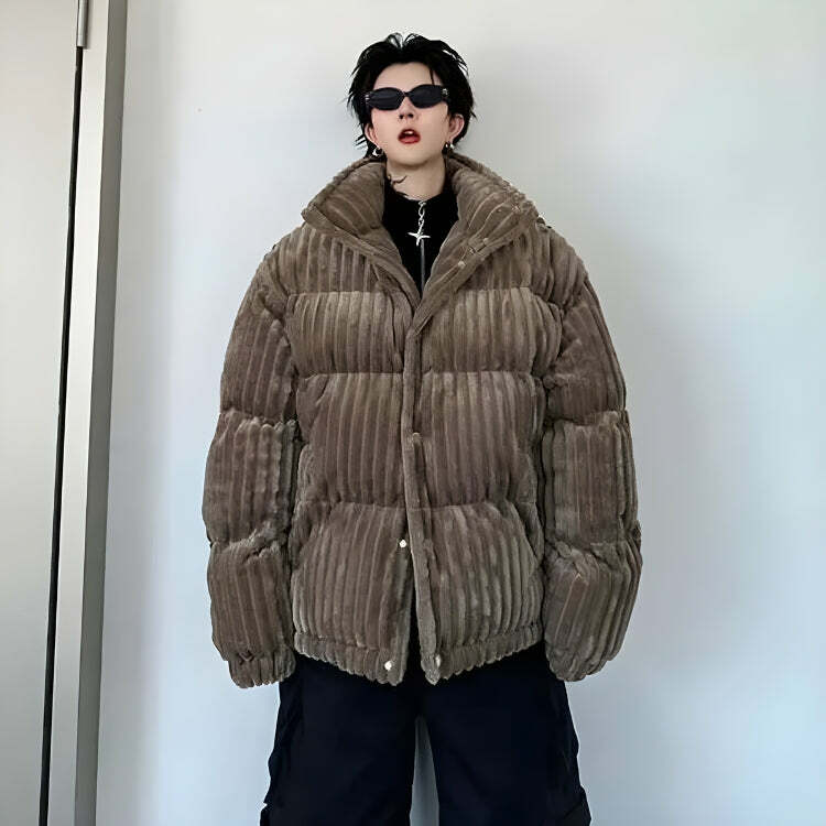 Y2K Aesthetic Corduroy Buttoned Puffer Jacket for Trendy Outfits