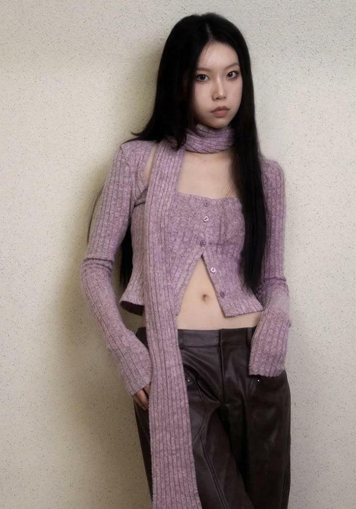 Y2K Aesthetic Corduroy Cropped Cardigan with Scarf Detail