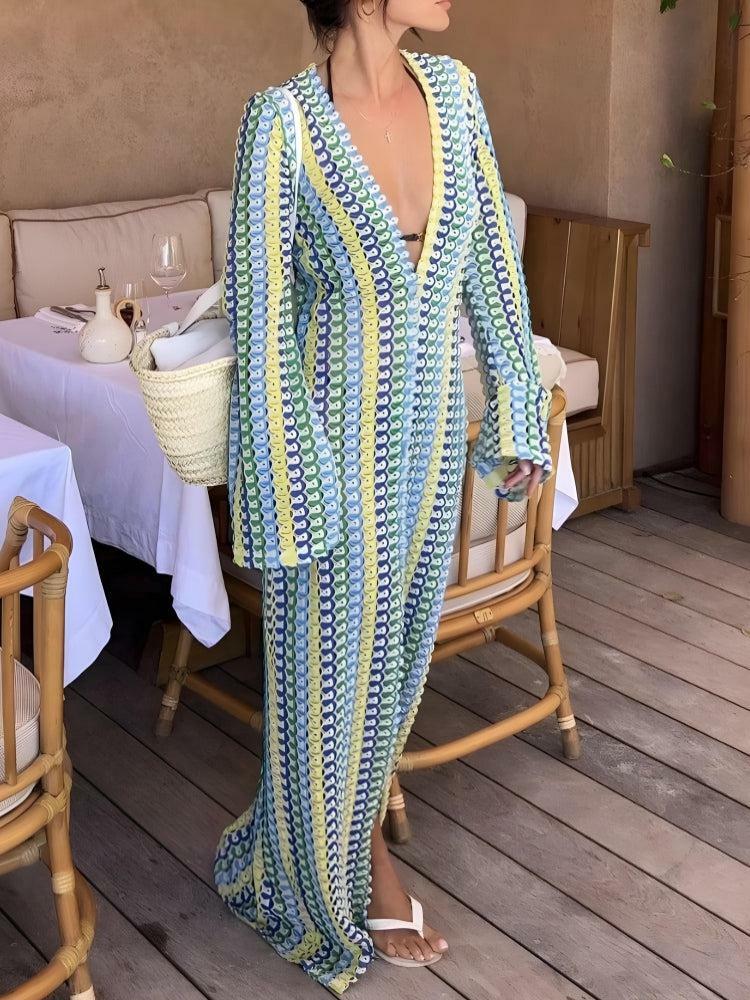 Y2K Aesthetic Crochet Striped Plunge Neck Maxi Dress for Trendy Styles