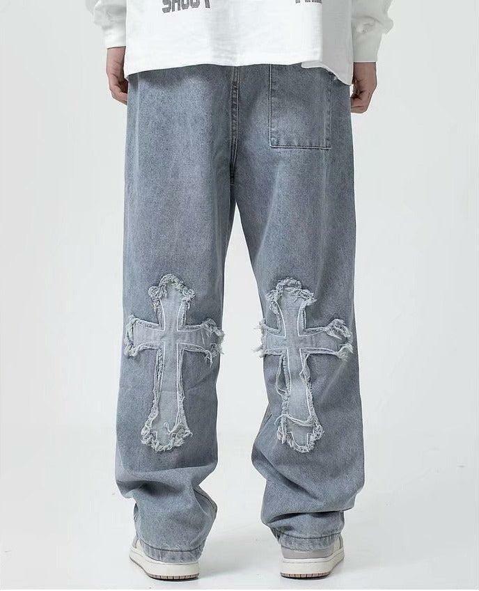 Y2K Aesthetic Cross Patchwork Baggy Jeans for Trendy Fashion Lovers