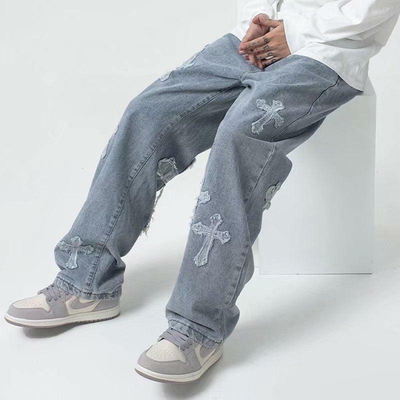 Y2K Aesthetic Cross Patchwork Baggy Jeans for Trendy Fashion Lovers