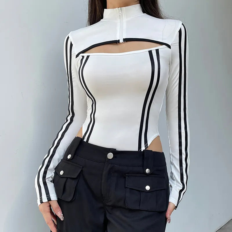 Y2K Aesthetic Cut Out Bodysuit with Stripes for Trendy Fashionistas