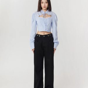 Y2K Aesthetic Cut Out Crop Top with Front Clasp Buckles & Ruffle Skirt