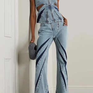 Y2K Aesthetic Cut Out Tube Top & Patchwork Jeans Set for Trendy Style