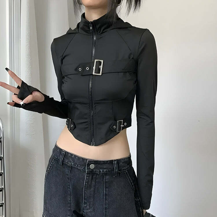 Y2K Aesthetic Cyberpunk Belted Zip-Up Crop Jacket for Trendy Looks