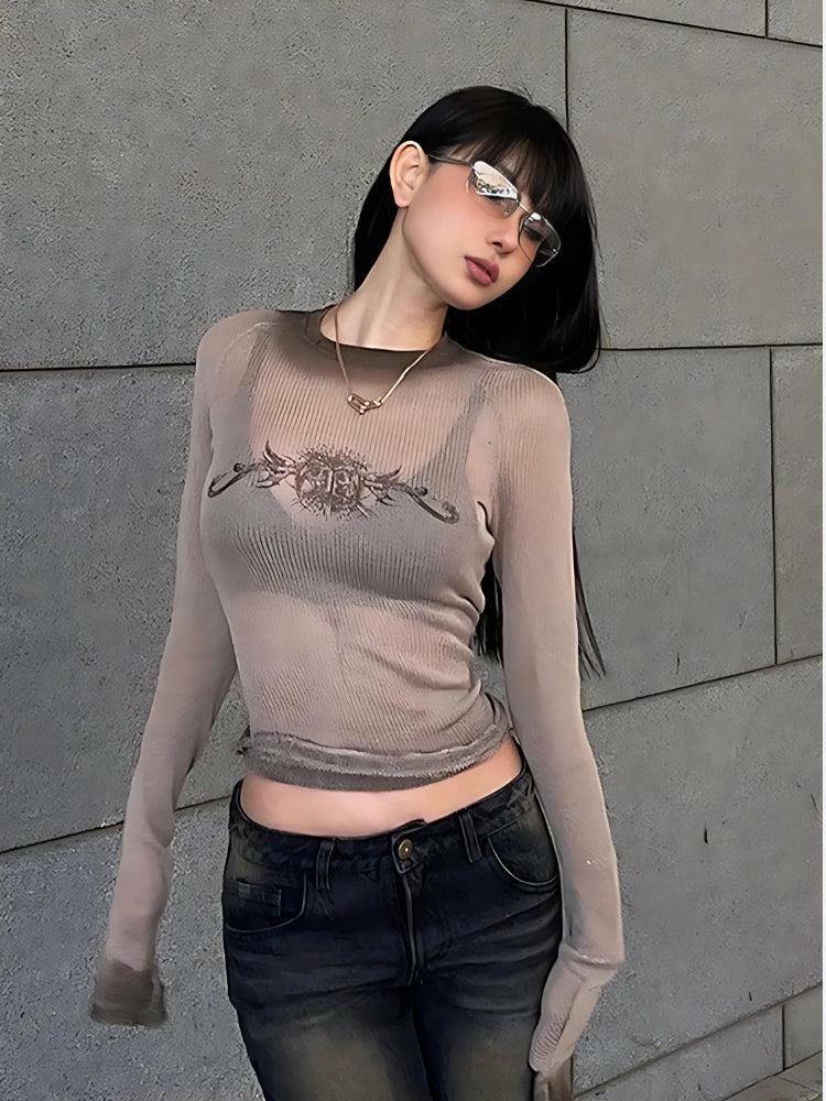 Y2K Aesthetic Cyberpunk Sheer Top with Unique Sigil Design