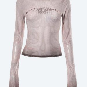 Y2K Aesthetic Cyberpunk Sheer Top with Unique Sigil Design