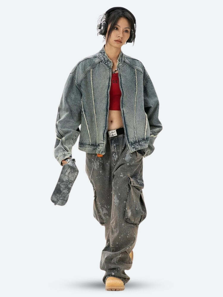 Y2K Aesthetic Cyberpunk Zip-Up Denim Jacket for Trendy Outfits