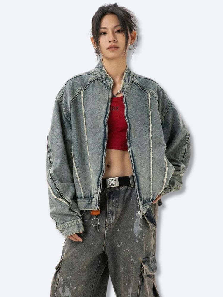 Y2K Aesthetic Cyberpunk Zip-Up Denim Jacket for Trendy Outfits