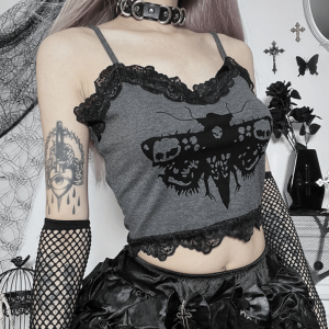 Y2K Aesthetic Death Moth Crop Top - Trendy Grunge & Coquette Style