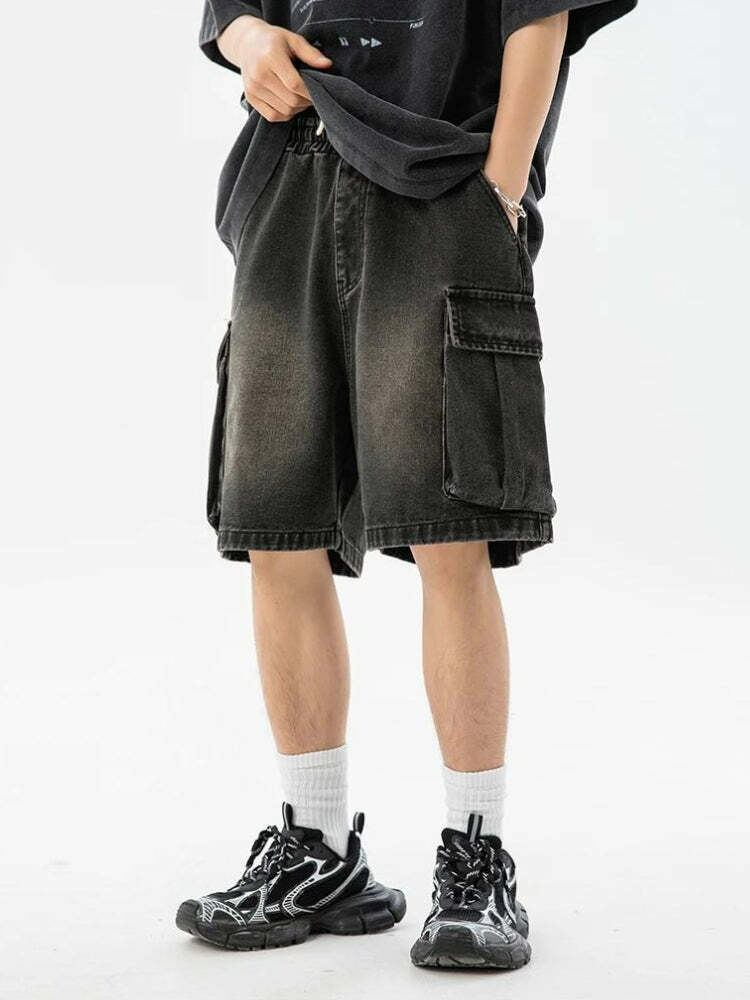 Y2K Aesthetic Denim Drawstring Wide Leg Cargo Shorts for Trendy Style