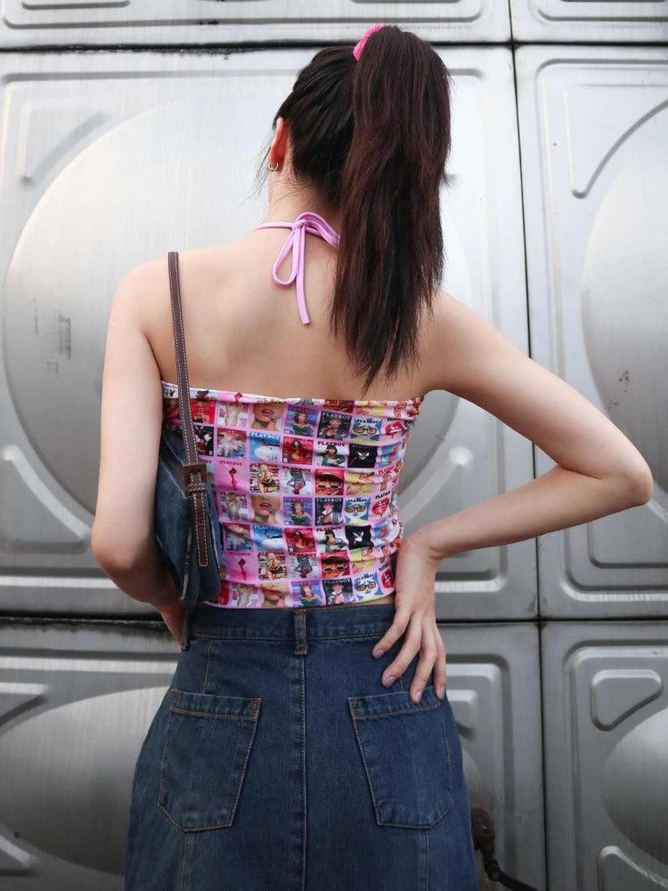 Y2K Aesthetic Drawstring Top with Magazine Cover Print for Trendy Style