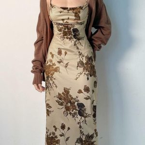 Y2K Aesthetic Floral Maxi Dress with Ruffle Details and Bow Accents