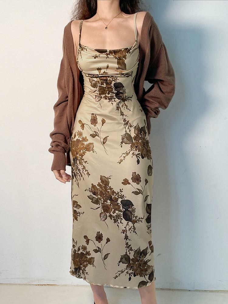 Y2K Aesthetic Floral Maxi Dress with Ruffle Details and Bow Accents