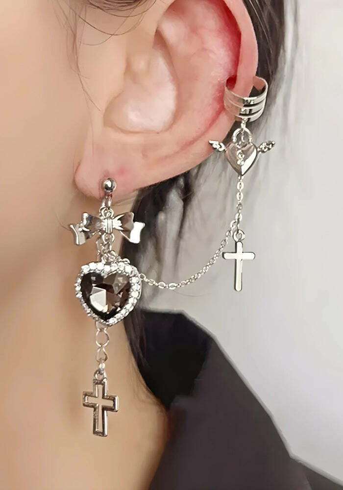 Y2K Aesthetic Goth Heart Cross Chain Earrings for Trendy Fashionistas