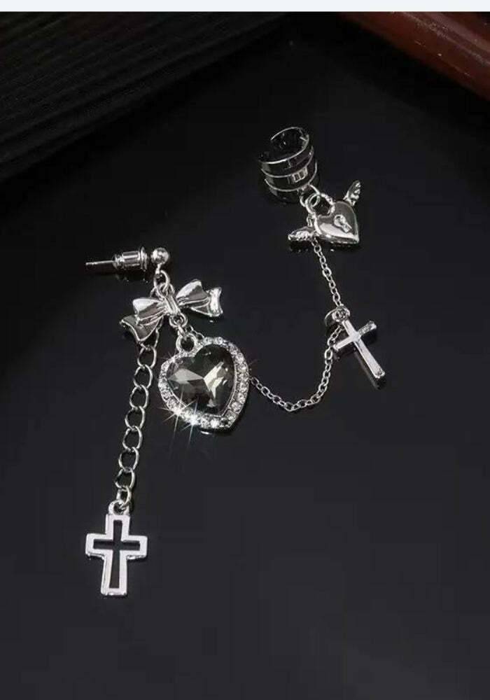 Y2K Aesthetic Goth Heart Cross Chain Earrings for Trendy Fashionistas