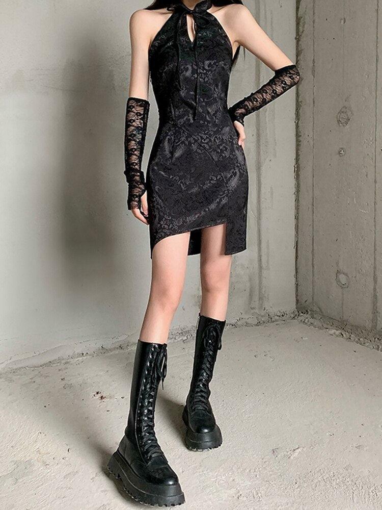 Y2K Aesthetic Grunge Halter Mini Dress with Front Clasp Buckles