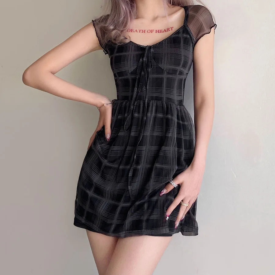 Y2K Aesthetic Grunge Plaid Mini Dress with Ruffle Details and Buckles