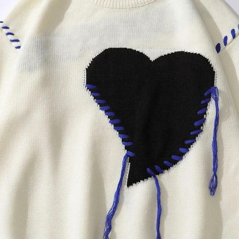 Y2K Aesthetic Heart Embroidered Sweater - Trendy Coquette Style