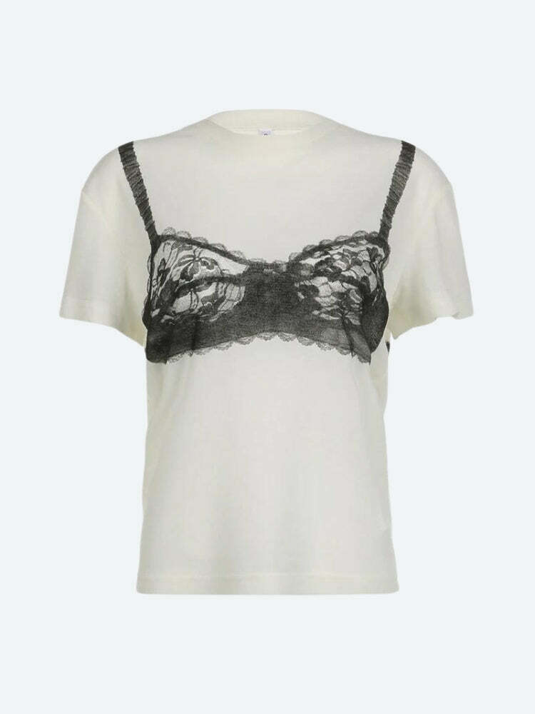 Y2K Aesthetic Lace Bra Tee - Trendy Coquette Style for Fashion Lovers