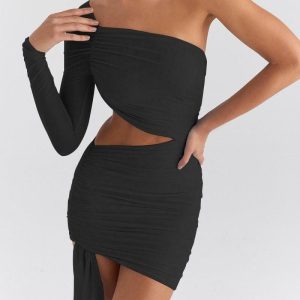 Y2K Aesthetic One Shoulder Cut Out Mini Dress with Ruffle Details