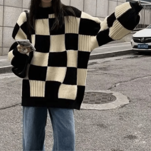 Y2K Aesthetic Oversized Checkered Sweater for Trendy Coquette Style