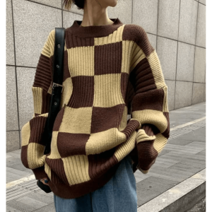 Y2K Aesthetic Oversized Checkered Sweater for Trendy Coquette Style