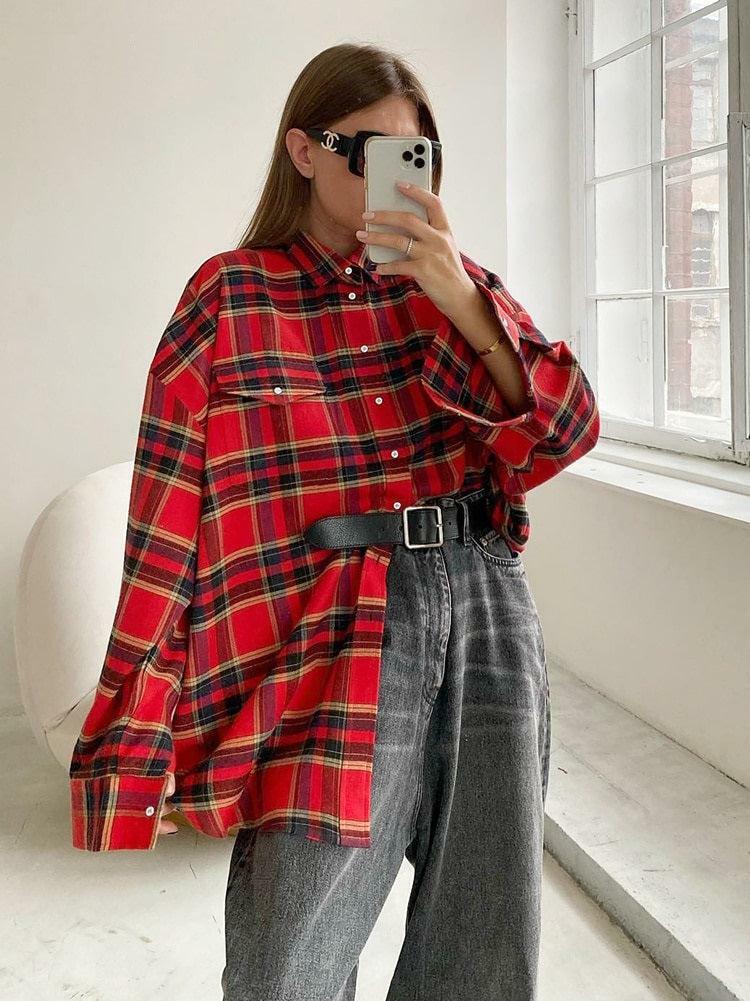 Y2K Aesthetic Oversized Plaid Shirt - Trendy Coquette Style Top