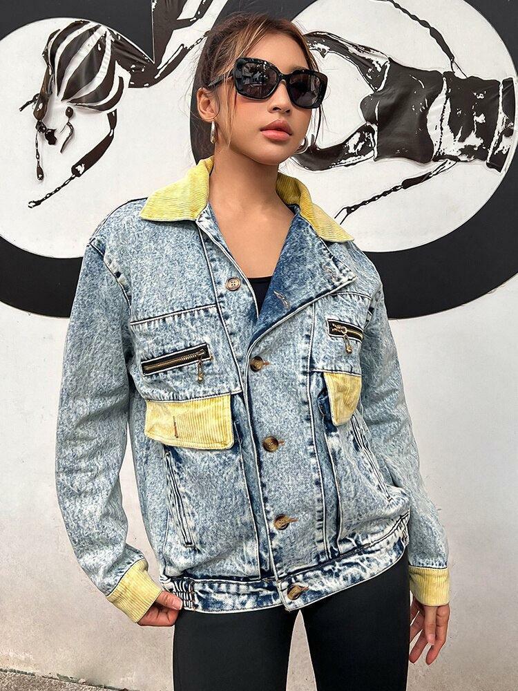 Y2K Aesthetic Patchwork Denim Jacket - Trendy Grunge Style Outerwear