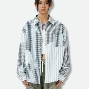 Y2K Aesthetic Patchwork Striped & Plaid Shirt for Trendy Coquette Style