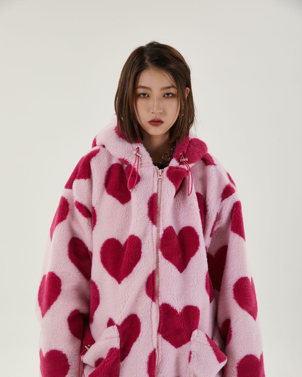 Y2K Aesthetic Pink Heart Pattern Hooded Jacket for Trendy Styles