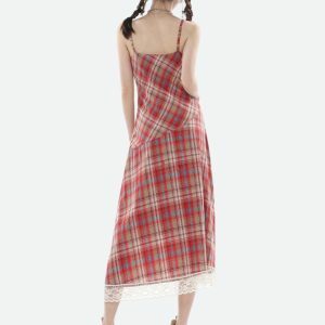 Y2K Aesthetic Plaid Lace Midi Dress with Ruffle Details and Buckles