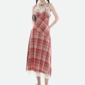 Y2K Aesthetic Plaid Lace Midi Dress with Ruffle Details and Buckles