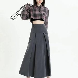 Y2K Aesthetic Pleated A-Line Midi Skirt for Trendy Coquette Style