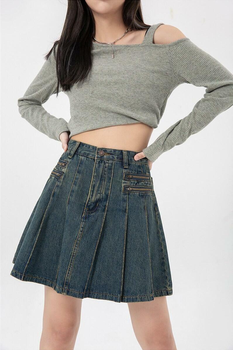 Y2K Aesthetic Pleated Denim Mini Skirt - Trendy Coquette Style