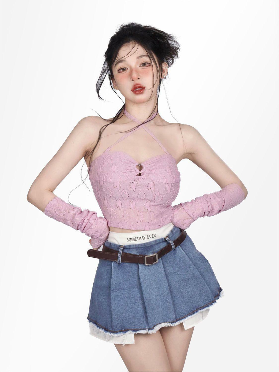 Y2K Aesthetic Pleated Mini Skirt Set with Pink Halter Top and Buckles