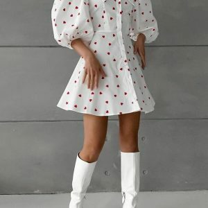 Y2K Aesthetic Puff Sleeve Mini Dress with Front Clasp Buckles